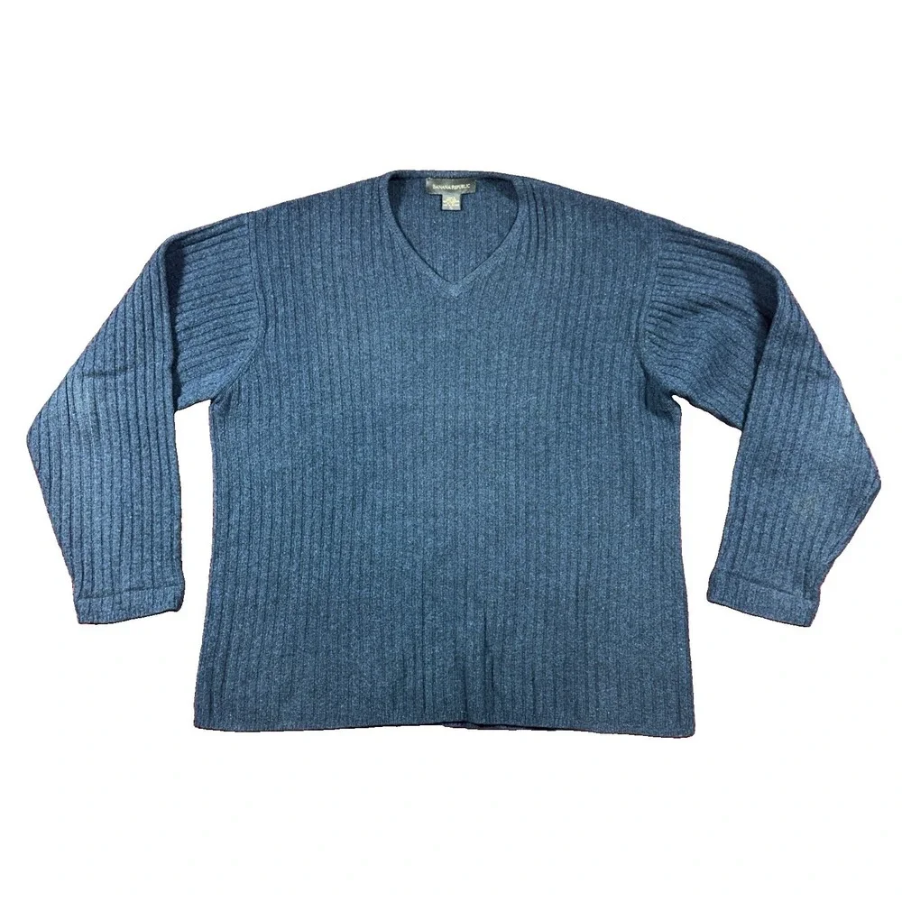 Banana Republic Sweater Mens XL Navy Lambswool V Neck Rib Knit Pullover